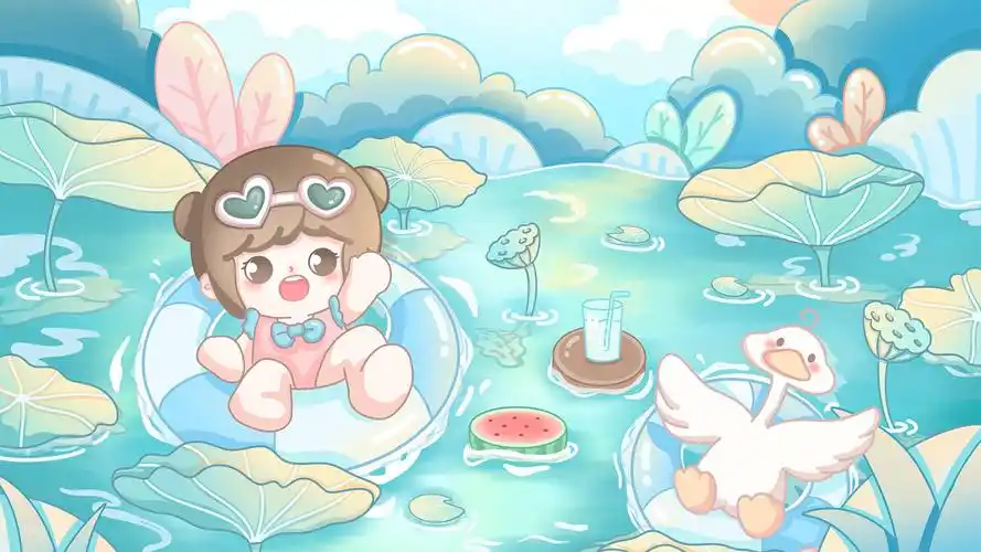 小清新美少女荷花池塘阳光的夏天游泳锁屏什么鸭水果西瓜壁纸封面图