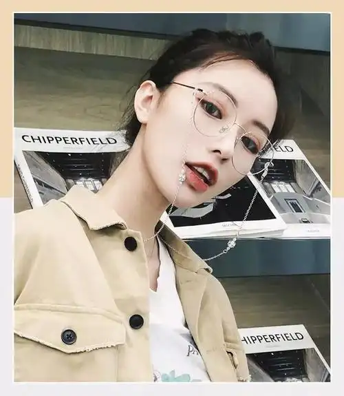 链子金丝框原宿风多边形无度数眼镜男眼镜女学生韩版链条挂链复古椭圆