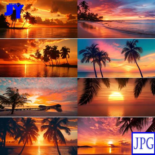 海边阳光夕阳美景椰树林夏天度假风景高清背景图仙鹤湖景设计素材