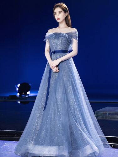 外贸货源欧美万籁星空蓝色一字肩宴会年会主持人演出婚纱礼服供应