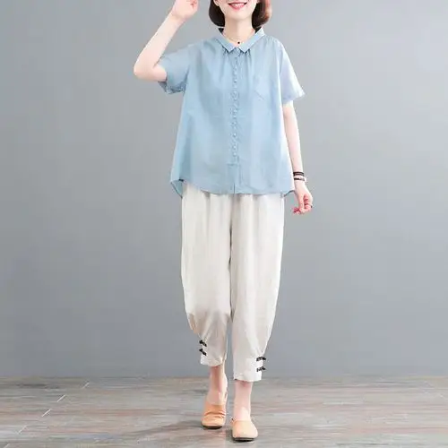 文艺复古棉麻套装女夏装两件套减龄