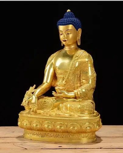 佛缘汇药师佛佛像10寸铜全鎏金藏传佛教密宗供佛三世佛居家摆件