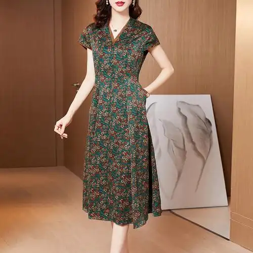 贵夫人香云真丝连衣裙女夏杭州高端桑蚕蚕丝大牌中老年女装