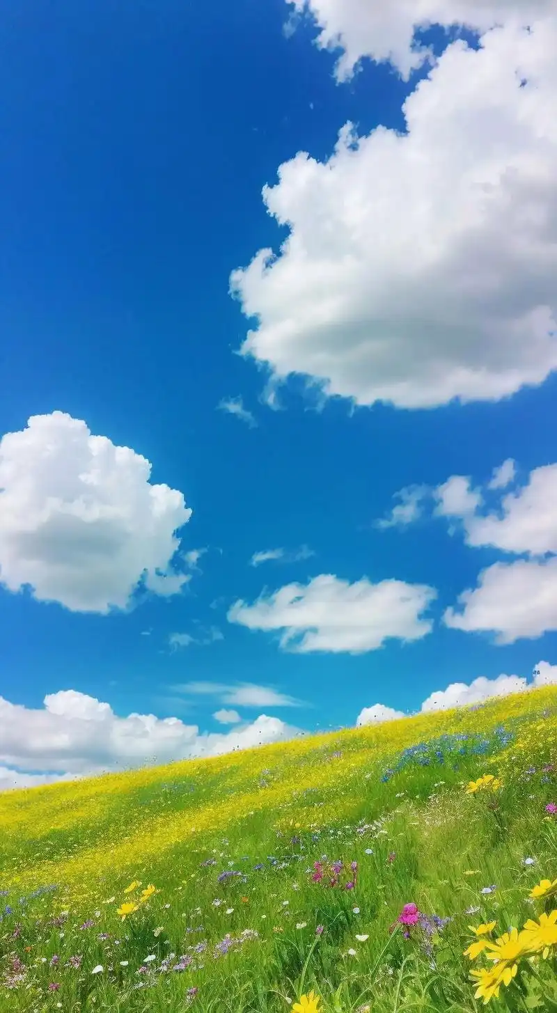 蓝天白云,晴空万里,阳光明媚,草地上开满了各种各样五颜六色的 - 抖音