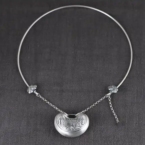 长命锁项圈女990足银复古民族风个性夸张如意锁包项链百搭银饰品