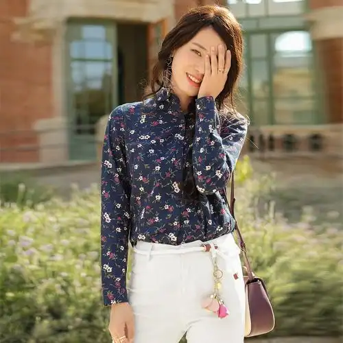纯棉2019春装新款女款翻领长袖小碎花印花衬衫