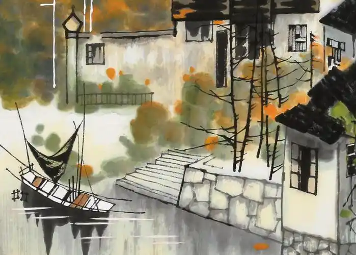 江南秋景山水画 江南风景画 - 写意山水画 - 99字画网