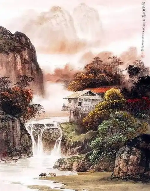 青山秀水彩墨山水画