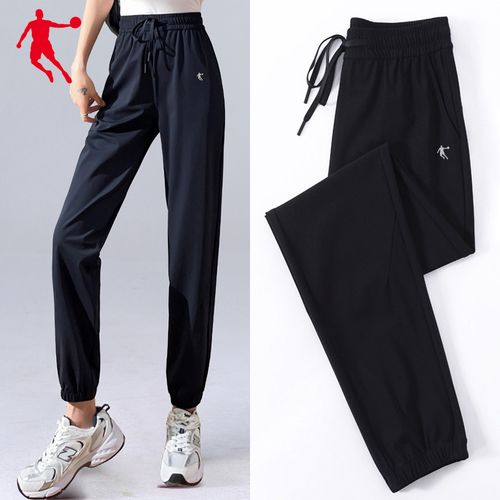 乔丹运动裤女裤2023夏季薄款速干休闲裤宽松束脚高腰长裤黑色裤子