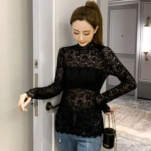 黑色半高领蕾丝打底衫女秋冬内搭春秋薄款网纱镂空长袖t恤上衣潮