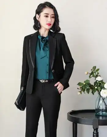 西装两件套裤女商务正装修身长袖件工作服品质定制新款 黑色西服 衬衫
