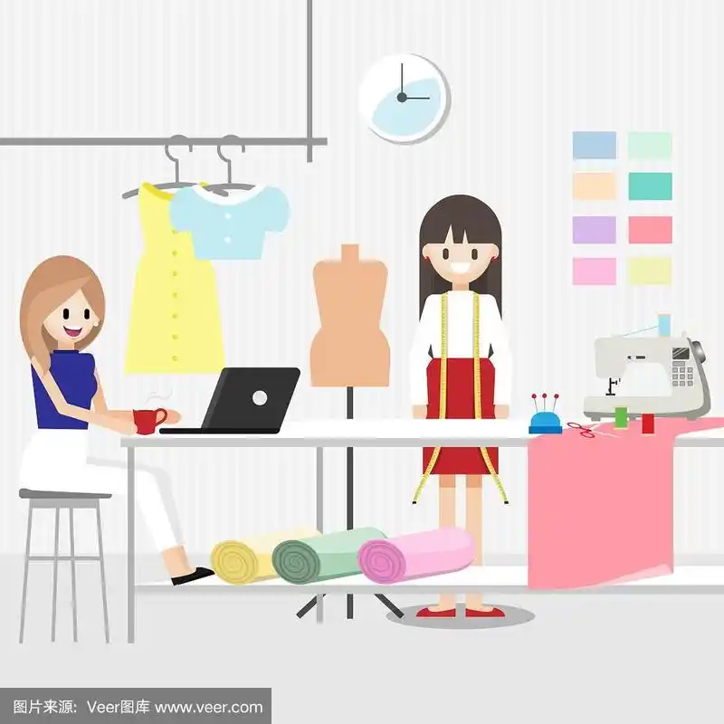卡通人物与时装设计师的工作在时装或缝纫工作室房间横横幅.