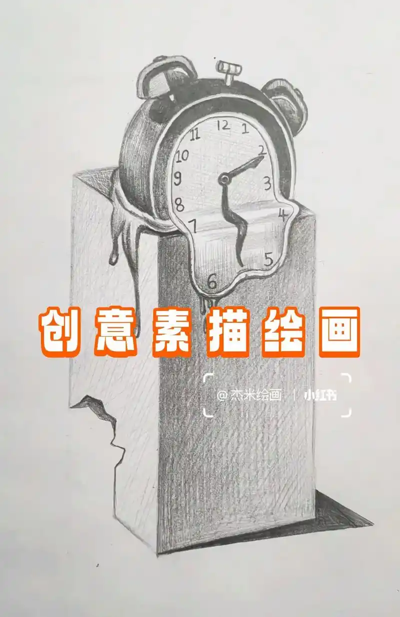 创意素描绘画,素描石膏闹钟.