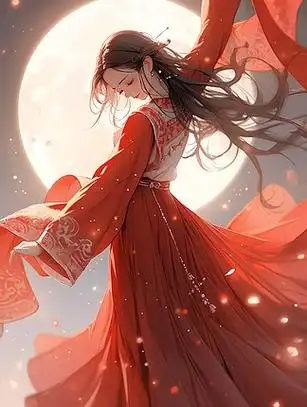 中秋在月光下跳舞的红衣古风少女
