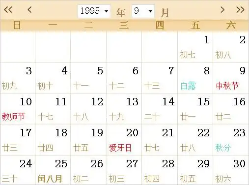 1995年农历阳历表日历表