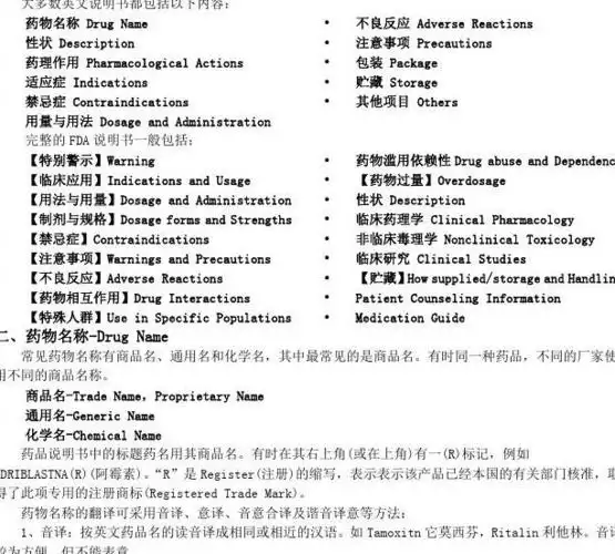英文药品说明书结构简介