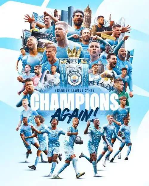 曼城官推晒夺冠海报202122赛季英超冠军