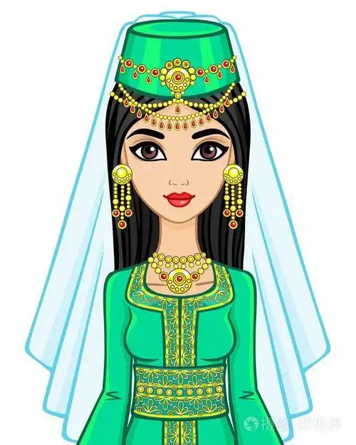 阿拉伯女人穿着古代的衣服的动画画像.孤立在白色背景上的矢量图