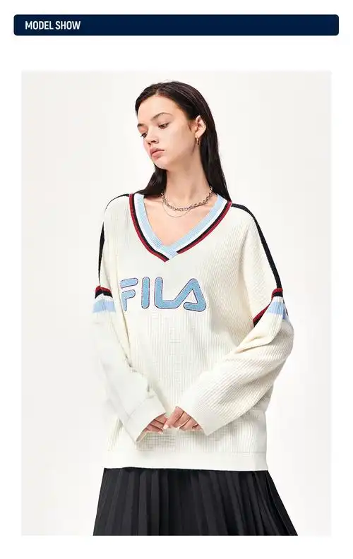 fila斐乐女装长袖毛衣女子2021秋冬v领宽松毛衫运动休闲女装针织线衫