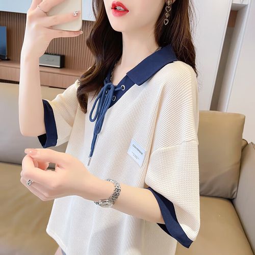 就叙女t恤短袖有领宽松胖妹妹假两件华夫格胖女生夏天穿的女装韩版特