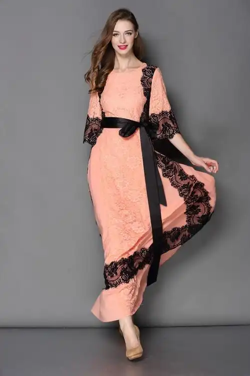 欧美大牌时尚大码女装2014秋冬新款明星走秀款配腰带蕾丝连衣长裙