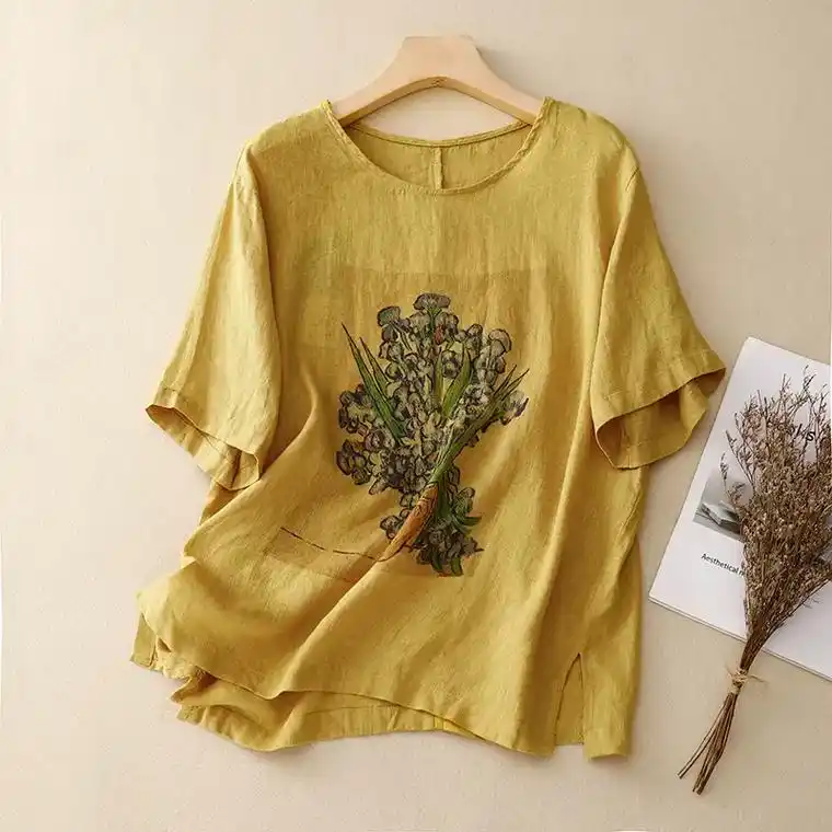 文艺复古棉麻圆领短袖t恤衫女民族风印花上.40 或将近40的 - 抖音