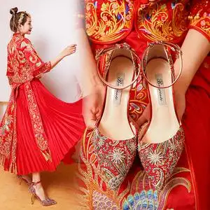 2021年夏季细跟结婚鞋女红色秀禾服鞋子新娘鞋敬酒鞋高跟凉鞋红鞋