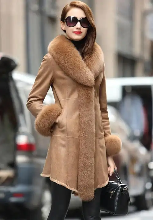 欧迪鸟品牌女装皮毛一体女装外套中长款真皮皮衣狐狸毛领皮草大衣女