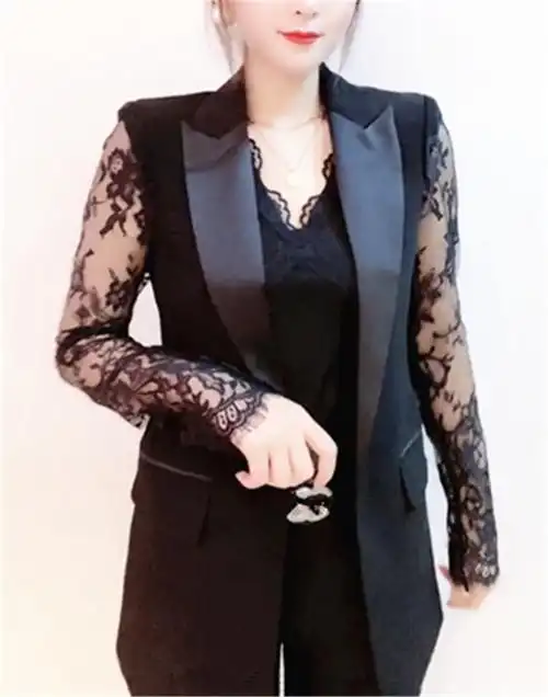 欧货西装女装性感修身长袖袖黑色镂空西服蕾丝重工百搭大码外套