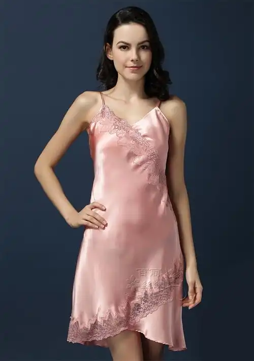 艺媛专柜100桑蚕蚕丝睡裙重磅真丝蕾丝吊带睡裙