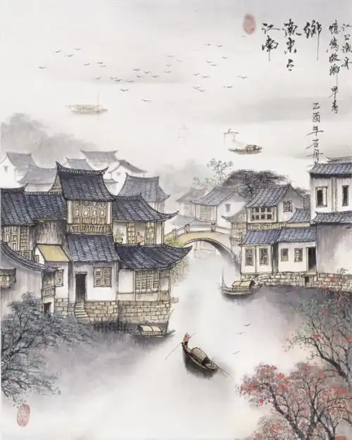 关键词:山水国画国画风景国画风景画江南江南风景古镇小桥流水渔船