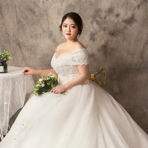 新款加大码胖mm孕妇新娘韩式森系一字肩显婚纱