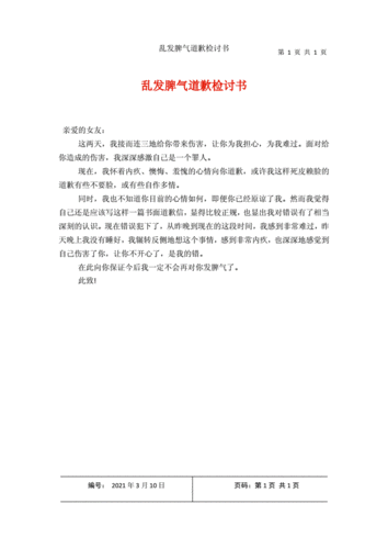 乱发脾气道歉检讨书docx1页