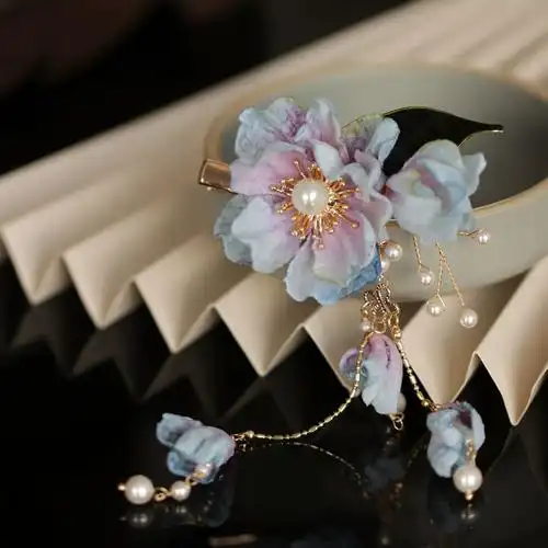 蓝色唐风头饰绢花牡丹发饰流苏步摇发簪日常发饰