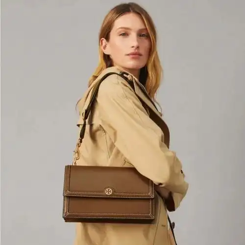 burch/汤丽柏琦 leather shoulder bag 棕色风琴包 大号,棕色/卡其色