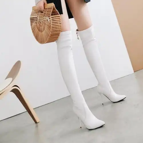 瘦瘦靴尖头女鞋白色靴子弹力靴子女细跟高跟过膝长靴大码女靴wql