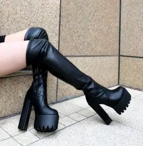 2020秋冬新款舞t台粗跟恨天高15cm超高跟鞋夜店过膝长靴女鞋加绒