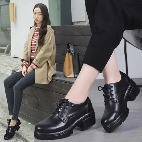 小黑鞋女职业软底百搭黑色皮英伦配裙子西装的韩版百搭秋天小皮鞋