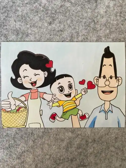 卡通画大头一家幸福三口