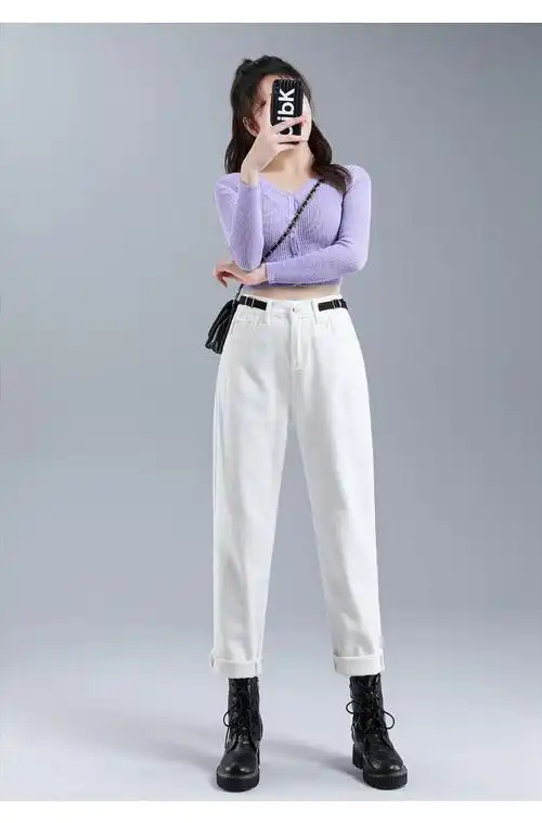 女装新款白色裤子女2021秋冬新款女裤高腰宽松显瘦烟管米色老爹直筒