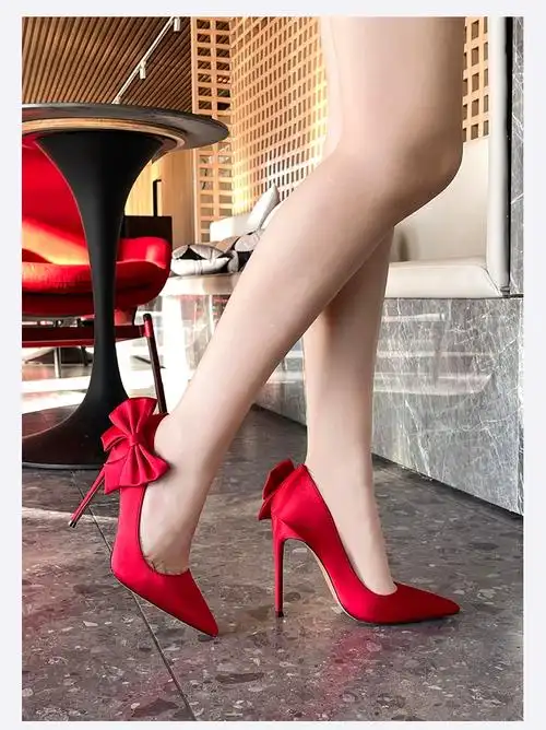 床上情侣尖头性感超细高跟鞋珍珠流苏4346貂毛仿真丝大码12厘米