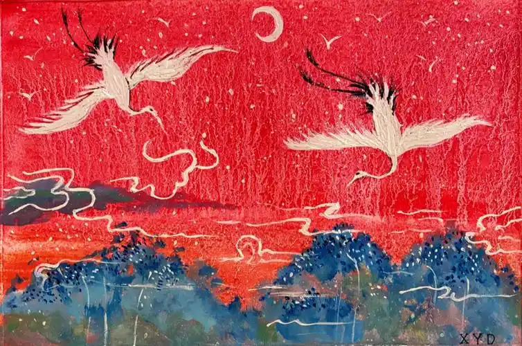 水彩画古风仙鹤凌霄花