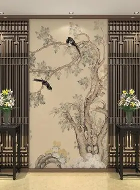 新中式墙纸国画翠柏双喜图花鸟玄关壁纸别墅过道复古大型无缝壁画