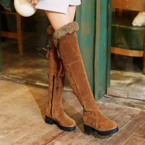 2017冬季兔毛毛长筒靴加绒加厚雪地靴过膝高筒长靴中跟粗跟女棉鞋