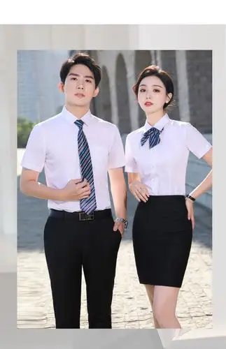 女生职业装套装夏天衬衫女夏新款50棉显瘦正装衬衣男女团队定制工作服