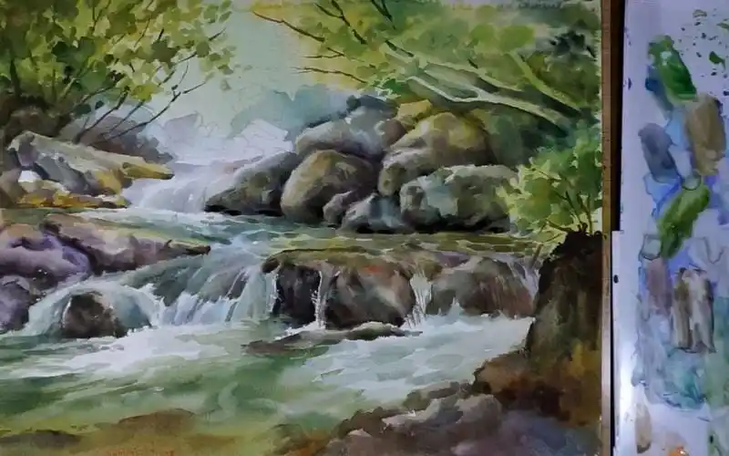 水彩山水画——一条水流