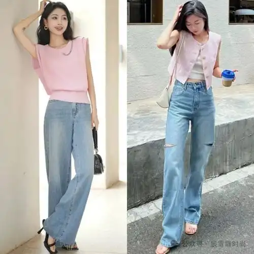夏季穿衣不要太贴身,学时髦精的"牛仔阔腿裤"穿搭,舒适又时尚