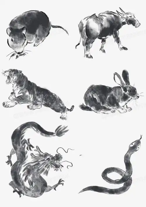 一组手绘水墨十二生肖合集素材