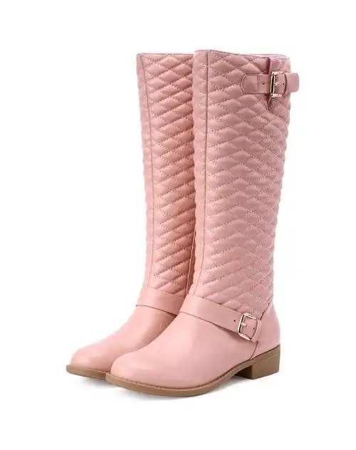 涉趣奶茶棕皮带扣菱格高筒靴