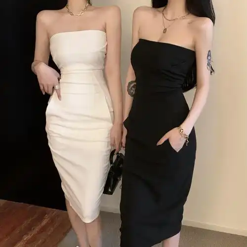 现货实拍实价2021新款气质修身性感抹胸露锁骨收腰显瘦裹胸连衣裙